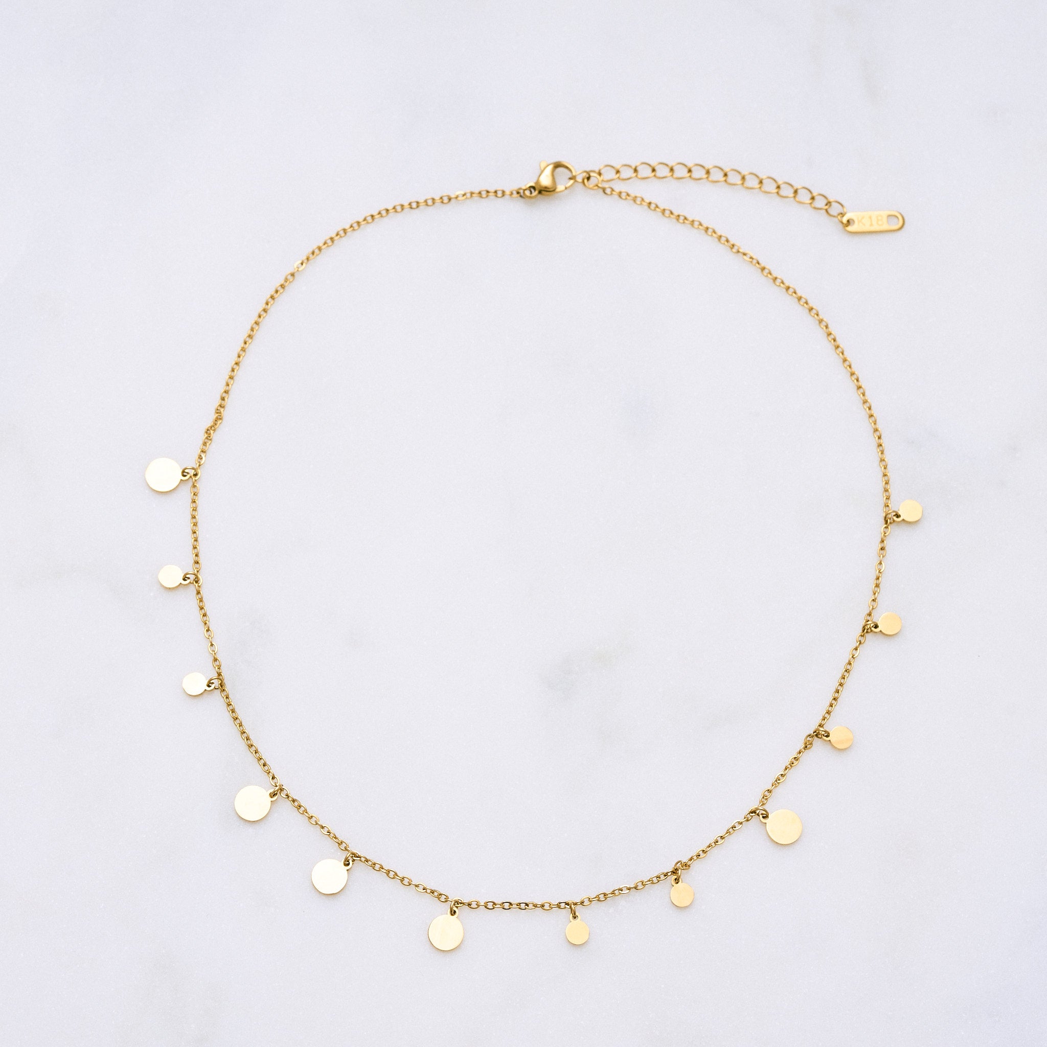 Eine filigrane Halskette mit schimmernden Plättchen, die das Licht reflektieren und ideal für vielseitige Looks von morgens bis abends geeignet ist – perfekt solo oder in Kombination mit anderen Schmuckstücken.