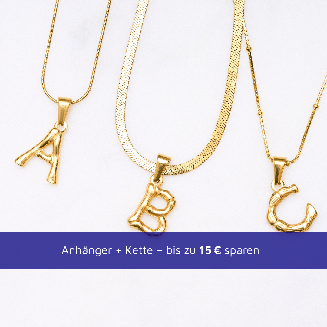 Einzelner Bamboo Bubble Buchstaben-Anhänger in glänzendem Gold – Vergoldeter Bubble Buchstaben Anhänger mit Bobby Kette auf weißem Hintergrund